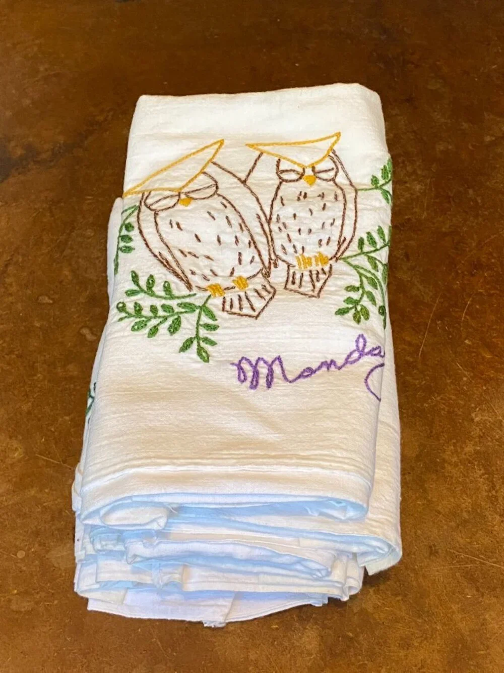 Antique Hand Embroidered Flour Sack Kitchen Towels Owls 7 Days Week Monday